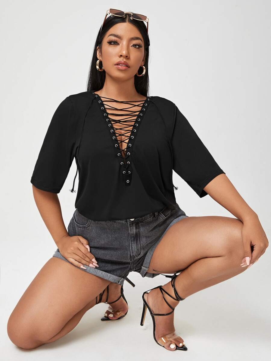 SHEIN Unity Plus Solid Lace Up Tee - Black - View 1