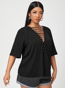 SHEIN Unity Plus Solid Lace Up Tee - Black - View 3