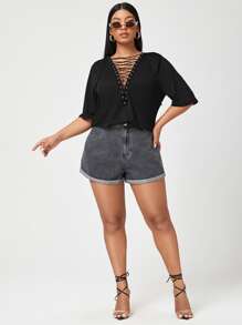 SHEIN Unity Plus Solid Lace Up Tee - Black - View 4