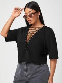SHEIN Unity Plus Solid Lace Up Tee - Black - View 5