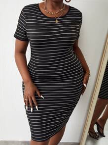 Slaydiva Đầm Plus Size Tương phản ràng buộc Sọc Giải trí - màu đen - Xem 1