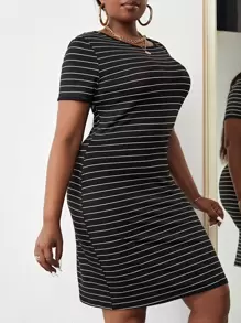 Slaydiva Đầm Plus Size Tương phản ràng buộc Sọc Giải trí - màu đen - Xem 3