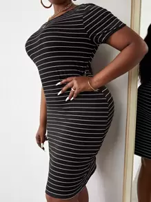 Slaydiva Đầm Plus Size Tương phản ràng buộc Sọc Giải trí - màu đen - Xem 4