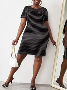 Slaydiva Đầm Plus Size Tương phản ràng buộc Sọc Giải trí - màu đen - Xem 5