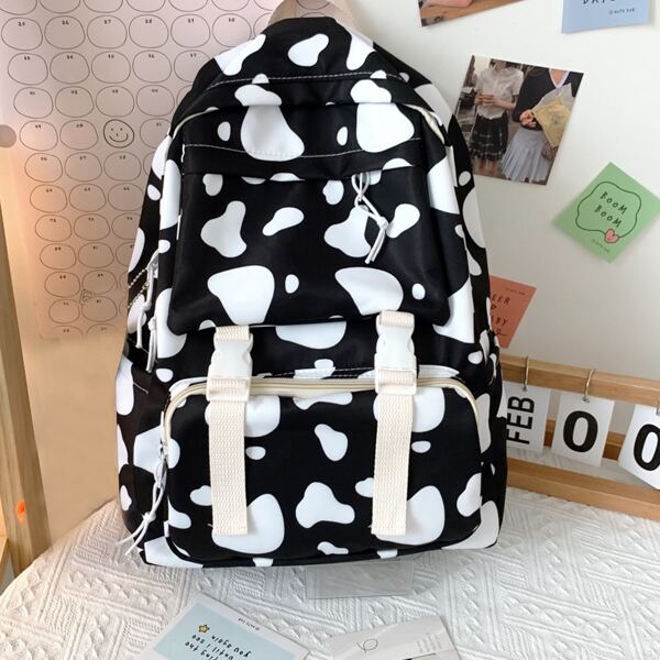 

Cow Pattern Buckle Decor Backpack, Black and white