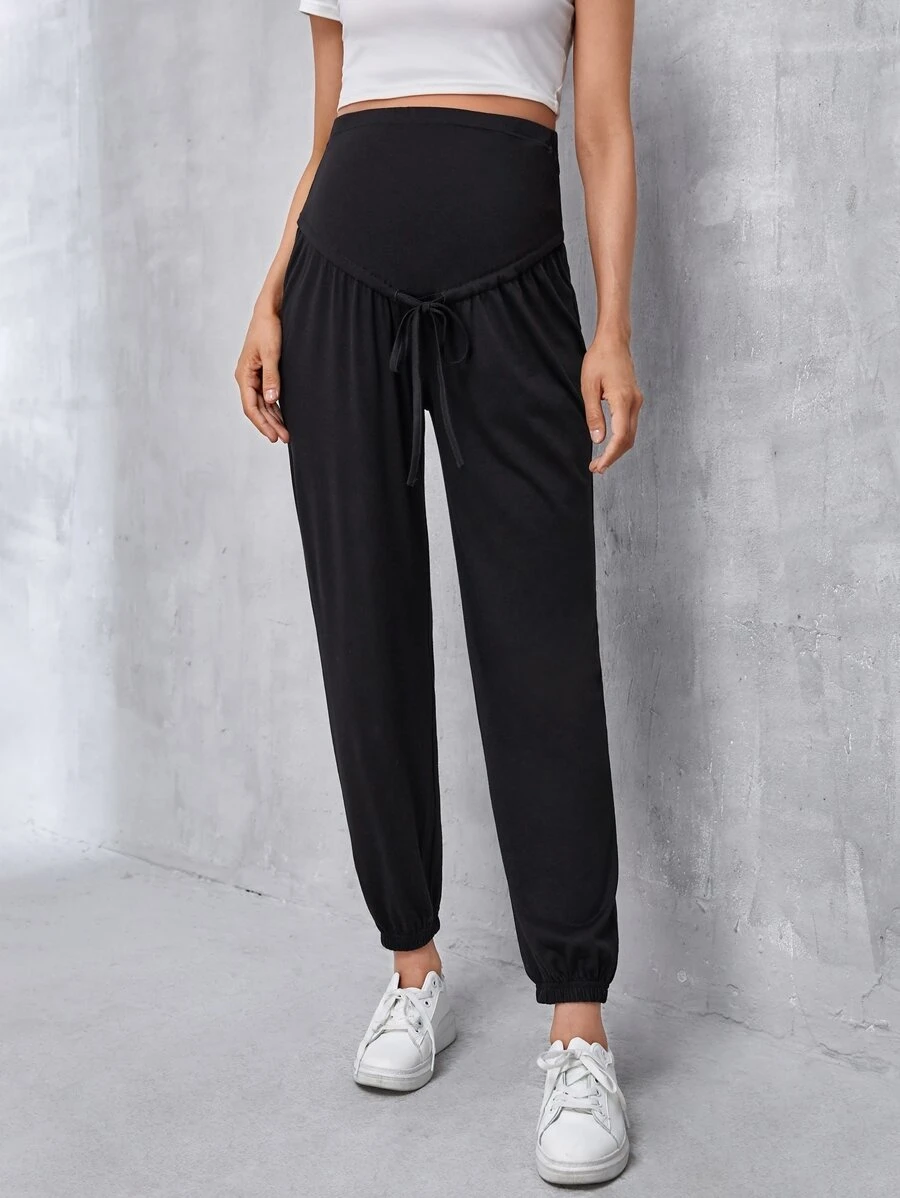 SHEIN 孕婦高腰打結長褲 - 黑色 - 查看 1