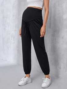 SHEIN 孕婦高腰打結長褲 - 黑色 - 查看 4