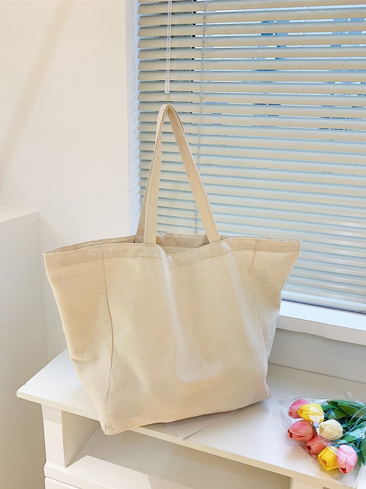 Large Capacity Canvas Shoulder Tote Bag, School Bag, Large Capacity, Portable, For Teen Girls Women College Students, White-Collar Workers, Perfect For Work, Back To School, Middle School, High School, College, Vacation, Literary School Bag & Book Bag For Women Or Students, Perfect For Books, Shopping, School Handbag, Lightweight, Foldable, Classic Casual, Suitable For Teen Girls Women College Students, Perfect For Back To School, First Day Of School, Tote Bags For School, College Essentials - Beige - View 5