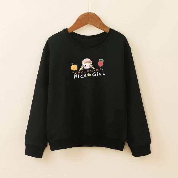 

Girls Letter And Cartoon Graphic Pullover, Black