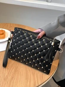 Studded Decor Quilted Clutch Bag - Black - View 1