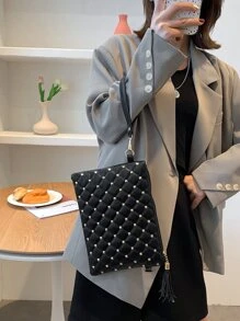 Studded Decor Quilted Clutch Bag - Black - View 2