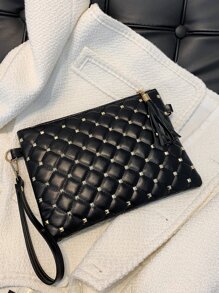 Studded Decor Quilted Clutch Bag - Black - View 3