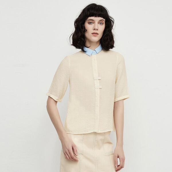 

Roll Up Sleeve Contrast Collar Blouse, Beige