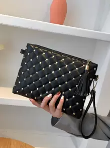 Studded Decor Quilted Clutch Bag - Black - View 4