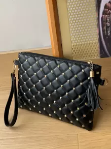 Studded Decor Quilted Clutch Bag - Black - View 5
