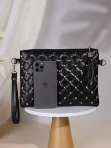 Studded Decor Quilted Clutch Bag - Black - View 7