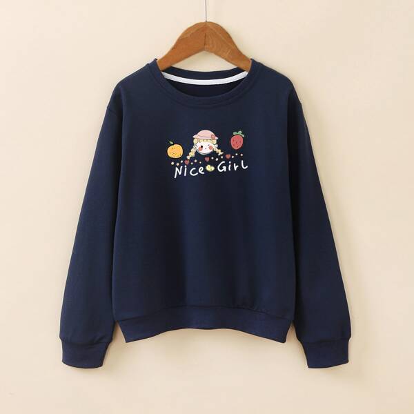 

Girls Letter And Cartoon Graphic Pullover, Navy blue