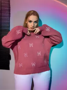 Plus Bow Pattern Drop Shoulder Sweater - Rose Red - View 1