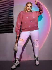 Plus Bow Pattern Drop Shoulder Sweater - Rose Red - View 3