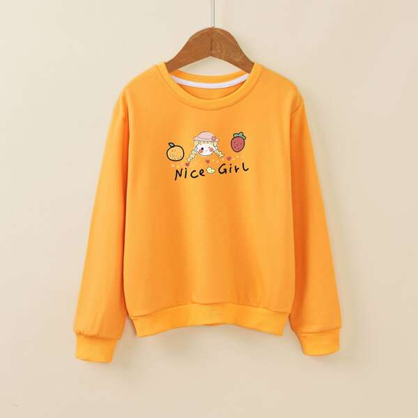

Girls Letter And Cartoon Graphic Pullover, Yellow