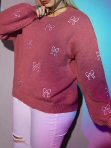 Plus Bow Pattern Drop Shoulder Sweater - Rose Red - View 4