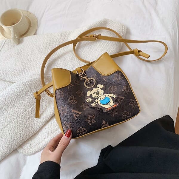

All Over Print Bucket Bag With Cartoon Bag Charm, Brown