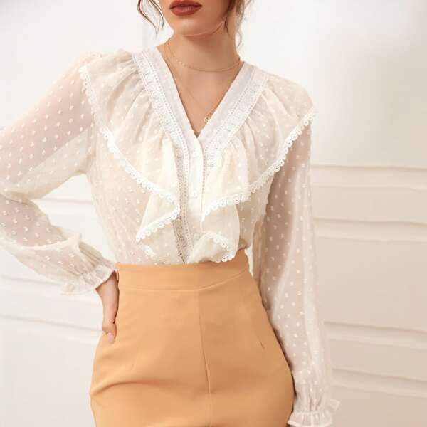 

Swiss Dot Ruffle Trim Flounce Sleeve Blouse, Beige