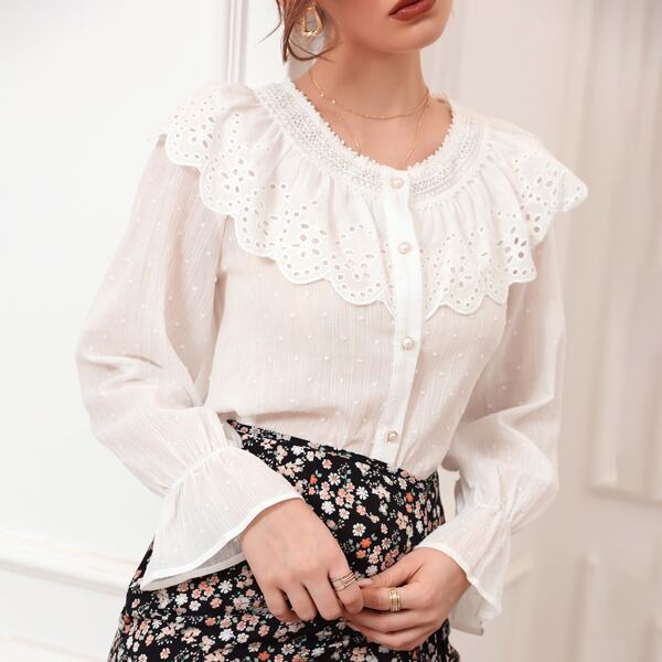 

Swiss Dot Contrast Pointelle Embroidery Blouse, White