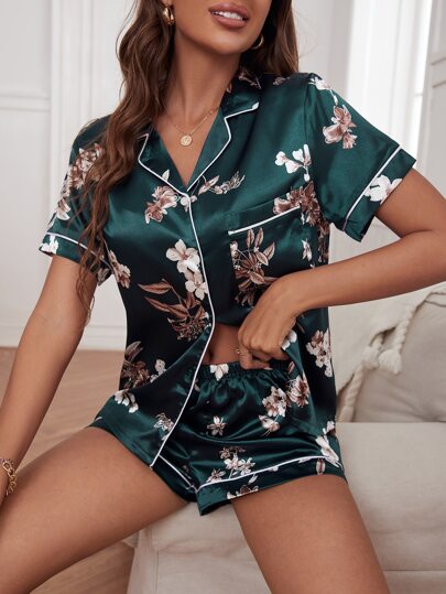 LuxeNights Floral Print Contrast Piping Satin PJ Set / Pajama Set