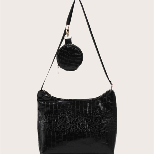 

Croc Embossed Square Bag With Coin Case, Black