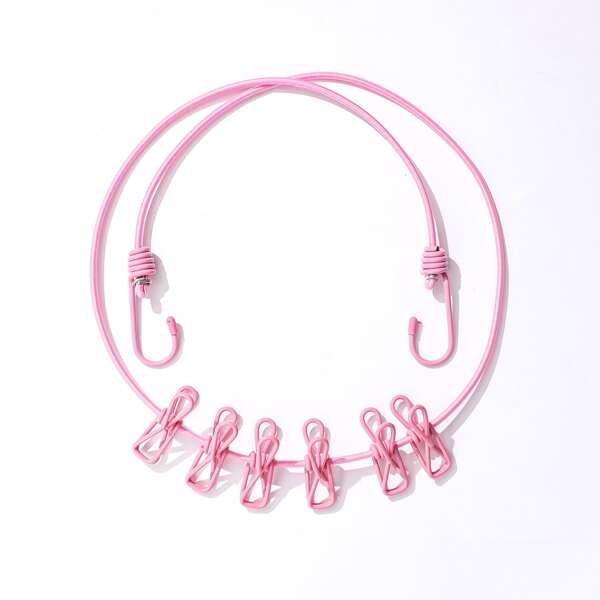 

1pc Retractable Clothesline With 6pcs Clip, Baby pink