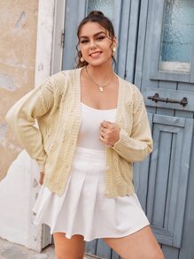 大碼網眼針織珍珠釘珠落肩袖開襟衫 - 杏色 - 查看 1