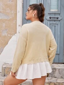 大碼網眼針織珍珠釘珠落肩袖開襟衫 - 杏色 - 查看 2