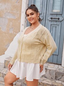 大碼網眼針織珍珠釘珠落肩袖開襟衫 - 杏色 - 查看 3