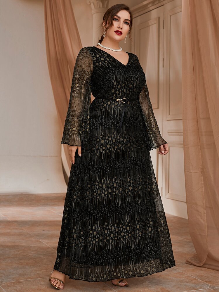 Plus Embroidery Mesh Flounce Sleeve Belted Prom Dress - Black - View 4