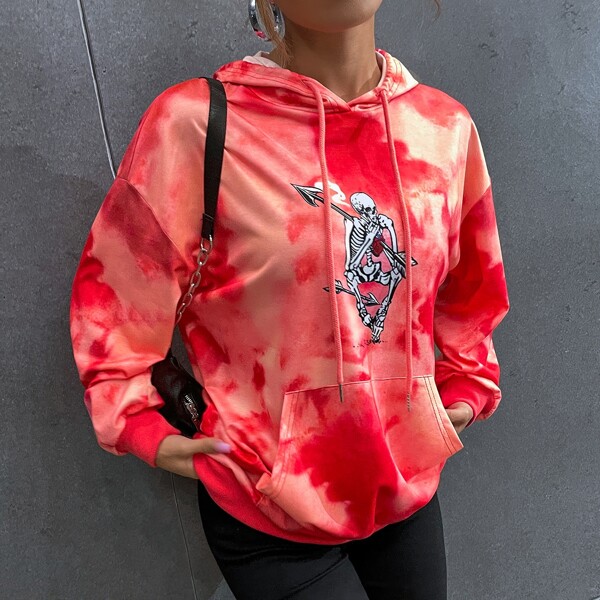 

Tie Dye Skeleton Print Drop Shoulder Drawstring Hoodie, Red
