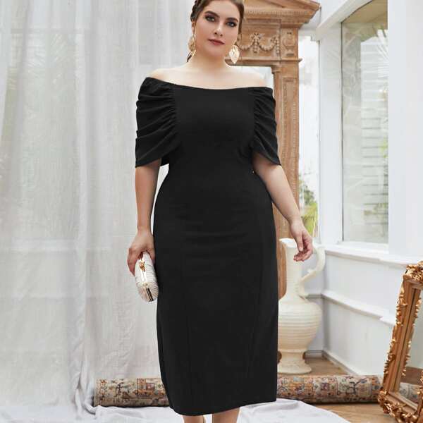 

Plus Off Shoulder Ruched Sleeve Split Hem Dress, Black