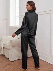 Guipure Lace Trim Satin PJ Set / Pajama Set, Fall Winter Clothes - Black - View 2