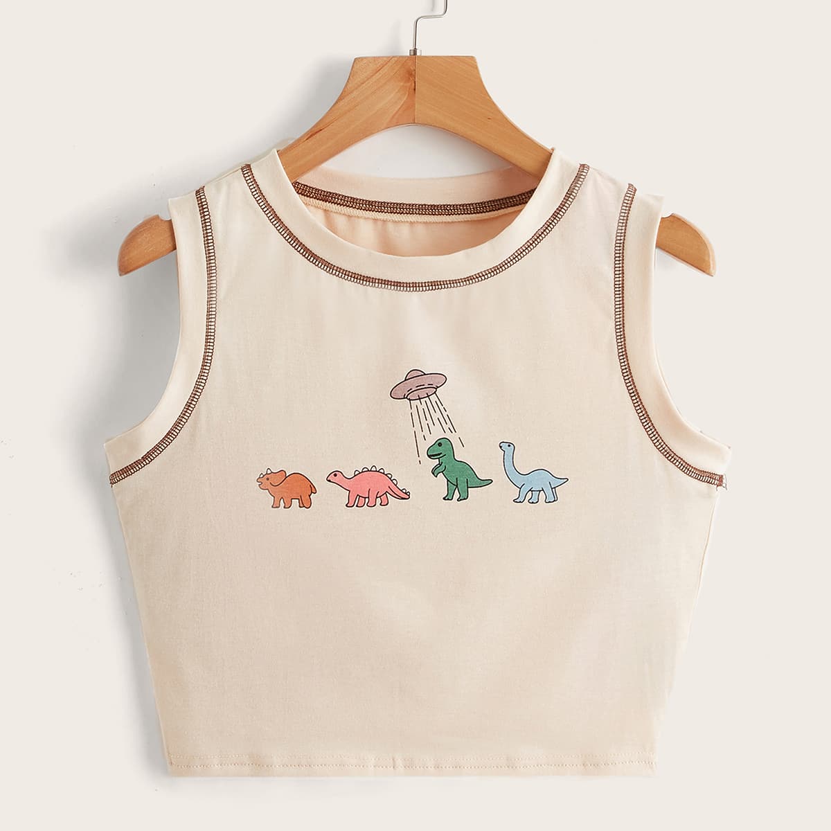 

Stitching Trim Cartoon Graphic Tank Top, Apricot