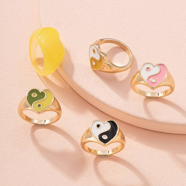 

5pcs Yin & Yang Heart Decor Ring, Multicolor