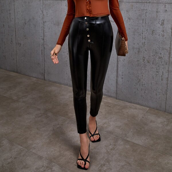 

Solid PU Leather Pants, Black