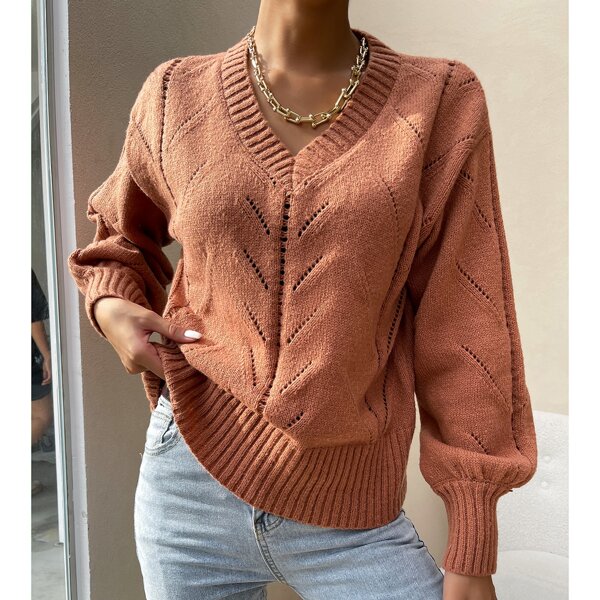 

V Neck Pointelle Knit Sweater, Redwood