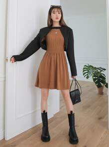 DAZY Solid Cable Knit Jumper Dress - Brown - View 4