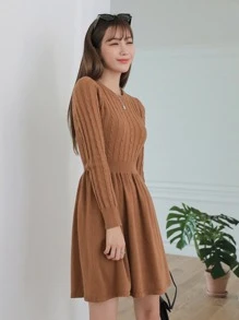 DAZY Solid Cable Knit Jumper Dress - Brown - View 5