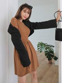 DAZY Solid Cable Knit Jumper Dress - Brown - View 7