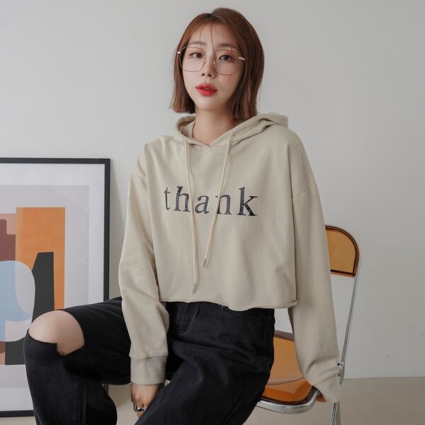

Letter Graphic Drop Shoulder Drawstring Crop Hoodie, Khaki