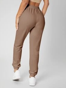 SHEIN PETITE 束腰素色慢跑褲 - 摩卡棕 - 查看 2