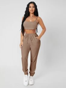 SHEIN PETITE 束腰素色慢跑褲 - 摩卡棕 - 查看 3