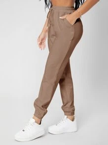 SHEIN PETITE 束腰素色慢跑褲 - 摩卡棕 - 查看 4