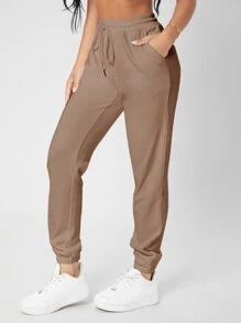 SHEIN PETITE 束腰素色慢跑褲 - 摩卡棕 - 查看 5